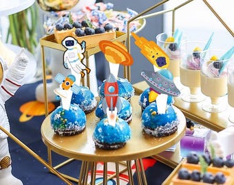 Astronaut birthday cake inserts, space theme, Happy birthday, birthday cake flag, Cake Toppers, rocket party decoration supplies