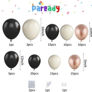 May include: Assortment of black, white, and gold latex balloons in various sizes. The balloons are arranged in rows with the number of balloons and size of each balloon listed below each row. The text "Paready" is at the top of the image.