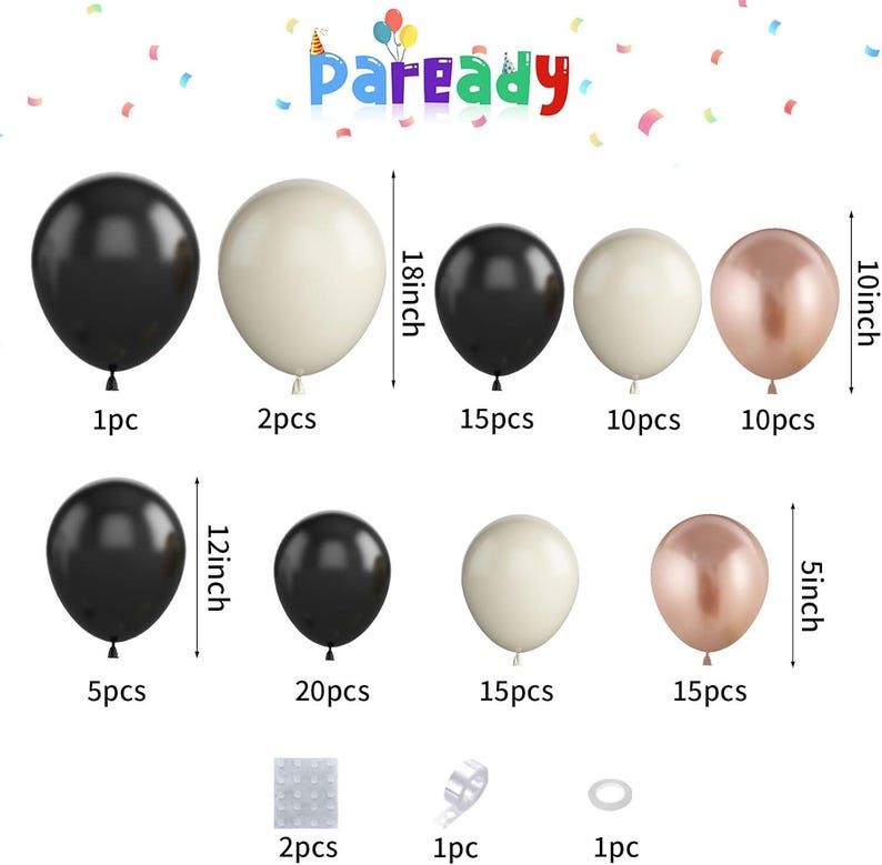 May include: Assortment of black, white, and gold latex balloons in various sizes. The balloons are arranged in rows with the number of balloons and size of each balloon listed below each row. The text "Paready" is at the top of the image.
