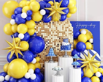 Zestaw girland z balonów w kolorze niebiesko-żółto-białym, zestaw łuków balonowych, balony wybuchające w kształcie gwiazdek 4D, baby shower, rocznica, przyjęcie urodzinowe