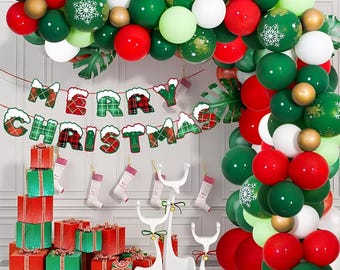 Christmas Balloon Garland Kit, Red, Green, Gold, White, Merry Christmas, Banner, Elf Balloons for Christmas Decorations