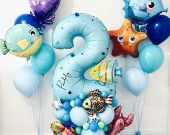 Underwater world theme balloon set, sea animal balloon kit, number balloon, kids birthday, baby shower, party decoration