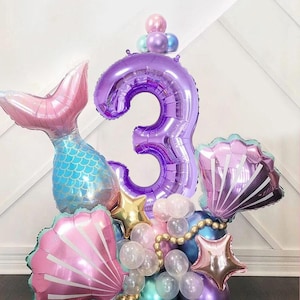Scultura di palloncini in alluminio a forma di conchiglia di sirena, set di ghirlande di palloncini con numeri viola, tema sirena, layout di scena di compleanno per bambini