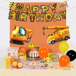 Construction Vehicle Theme Banner Balloon Set, Cake Toppers, Balloon Set, Flag Pulling, Birthday Party, Baby Shower, Event Decoration