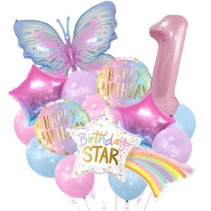 Pastel Butterfly Theme Birthday Party Decoration, Butterflies, Stars, Numbers, Rainbow, Balloon Sets, Photo Backgrounds