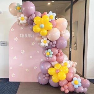 Vintage purple pink yellow daisy balloon arch kit, balloon garland set, birthday party, baby shower, bridal shower, photo backgrounds