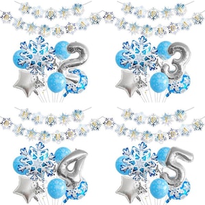 Set di palloncini per feste di compleanno a forma di fiocco di neve invernale: palloncini in lamina blu e argento con striscione a forma di fiocco di neve, perfetti per le feste dei bambini
