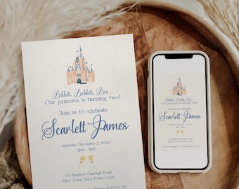 May include: A light blue and white invitation with a watercolor illustration of Cinderella's castle. The invitation reads "Bibbiti, Bobbiti, Boo... Our princess is turning two!" and includes the name "Scarlett James", the date "Saturday, December 7, 2024", the time "3pm-5pm", the address "123 Rainbow Carriage Road, Fairy Town, Fairy Town, 12345", and the RSVP information "RSVP by December 1 to Jessica at 111-111-1111".