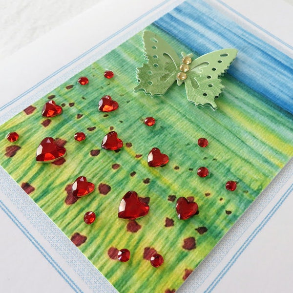 Butterfly in a poppy field  - Spring or Summer card - handmade embellished card - 4.25 x 5.5 inches - Birthday card - blank inside