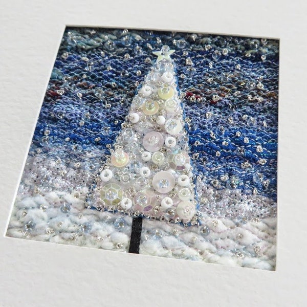 Sparkly white fabric Christmas tree card - Stitched beaded Winter themed fibre art mounted in a 5.5" square Xmas card - unique Holiday art