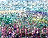 Embroidered art - Lavender field - beaded embroidered miniature landscape - fibre art card  -  french knots - 5 inch square card