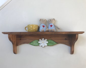 Wood shelf, entry shelf, kitchen shelf, bathroom shelf, home decor, painted daisy shelf, woodcraft, handmade, custom made, artisan furniture