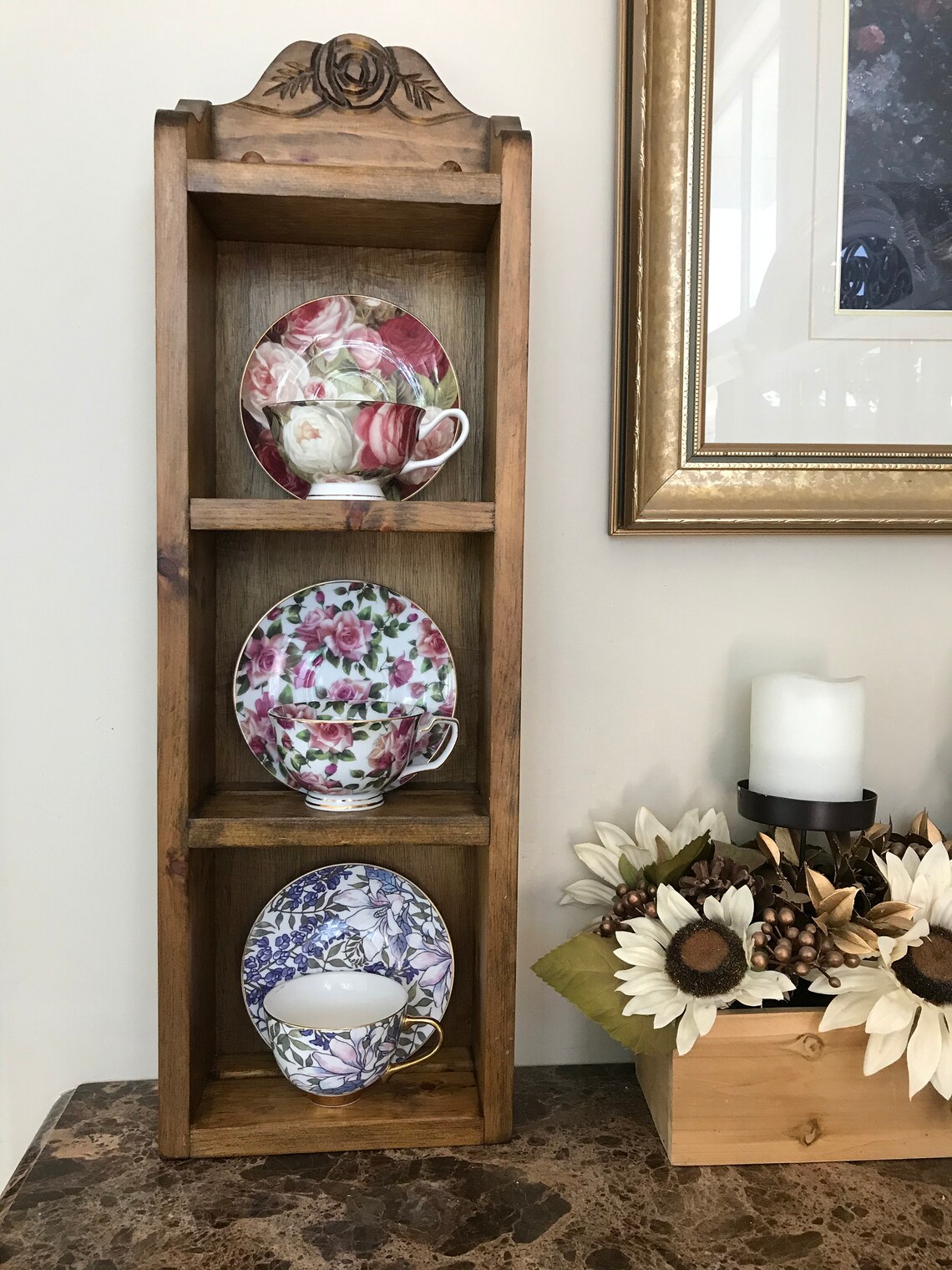 Teacup Shelf Wooden Shelf Three Cups With Saucer Grooves Etsy