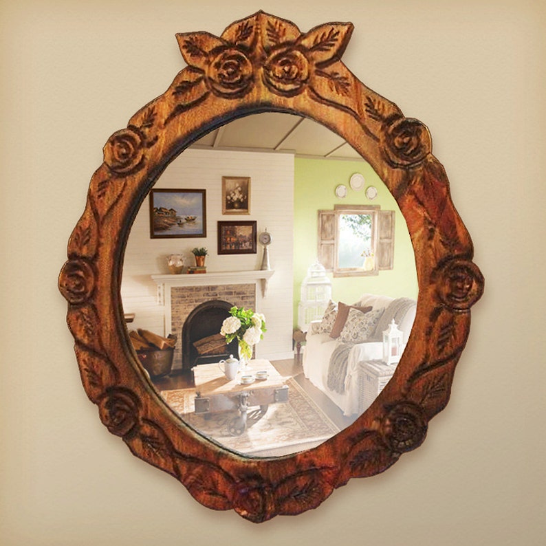Small Round Mirror, Carved With Roses, Home Decor, Wood Frame, Wooden