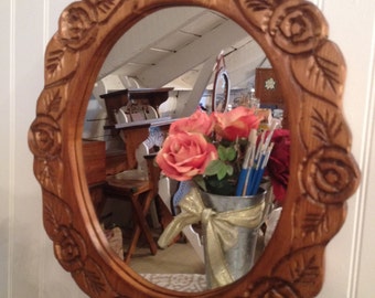 Rose carved mirror, small size mirror, bathroom mirror, bedroom mirror, home decor, entry mirror, hand carved, woodcraft, artisan furniture