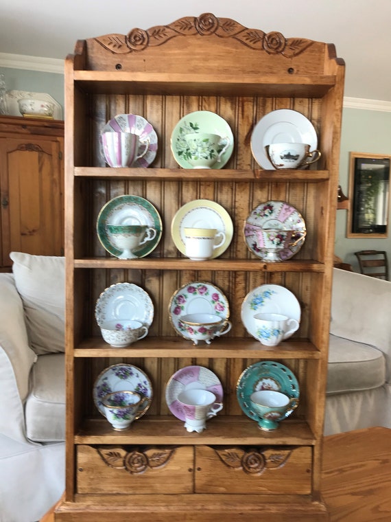 Tea Cup Collectors Shelf, Teacup Display With Drawers. 12 Cup Teacup  Collectors, Counter Top Shelf, Woodcraft, Handmade, Artisan Furniture. 