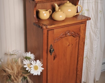 Canning cupboard, small cupboard,kitchen cupboard, bathroom cupboard, home decor, carved with roses, shelf space, storage cupboard.