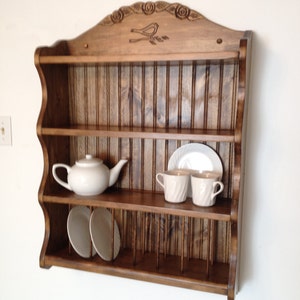 Tea set collection shelf, dish rack, dish display, teacup display, wooden shelf, display shelf, home decor, woodcraft, handmade, artisan.