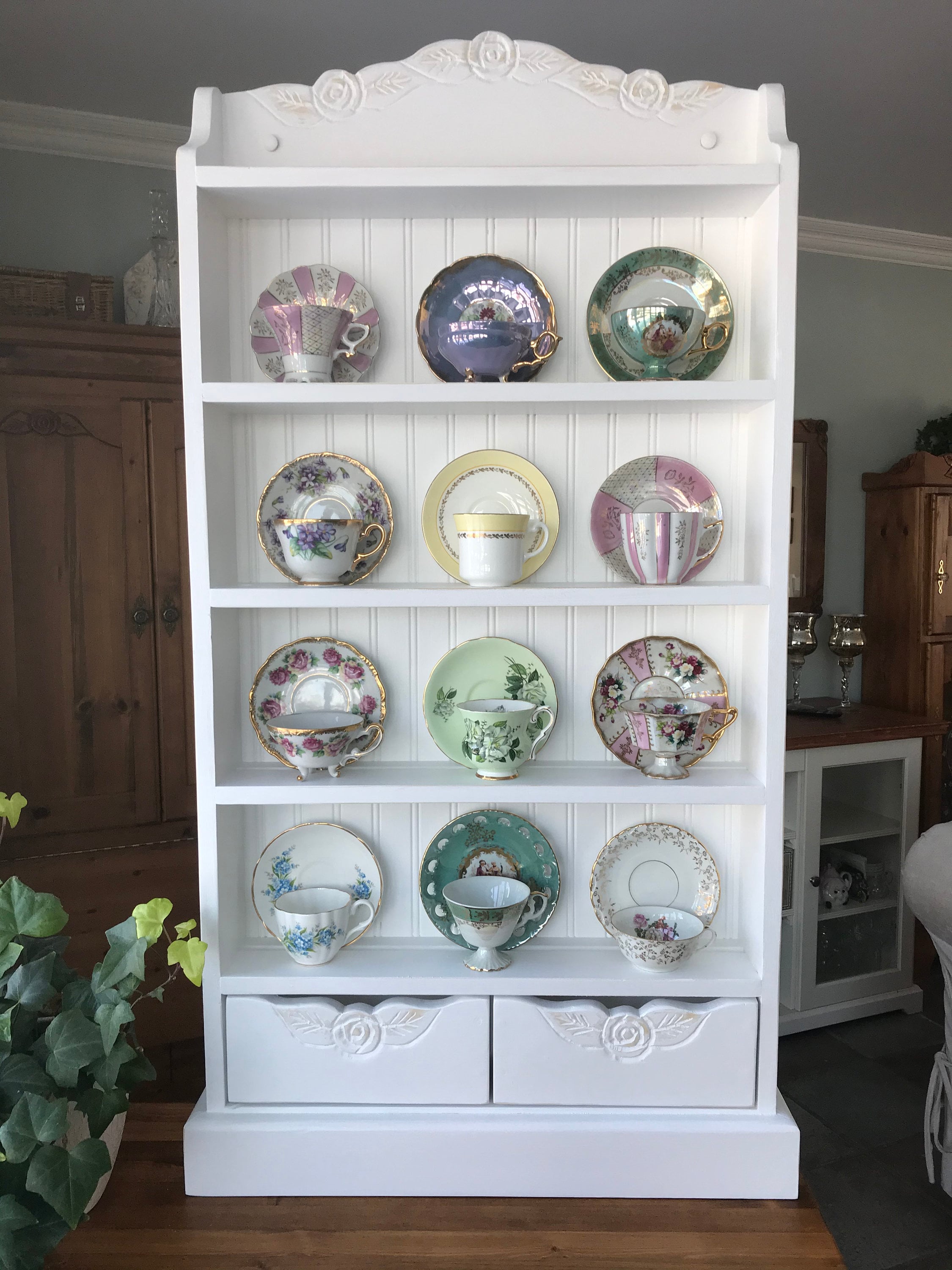 Tea cup collectors shelf, teacup display with drawers. 12 cup teacup