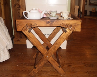 Tray table, tea table, tv table, coffee table, with adjustible legs, carved with roses, woodcraft, handmade, custom made, artisan furniture.