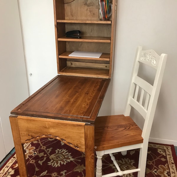 Drop-down desk or table, great for the laundry room, dorm, tiny home, or bar. Woodcraft, handmade, custom-made, artisan, wooden furniture.