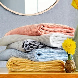 Woven Wool Blend Herringbone Throw: Soft Fringed Blanket