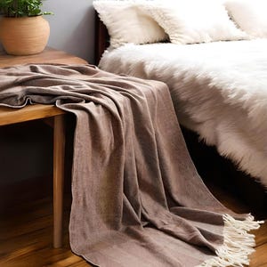 Woven Tweed Herringbone Wool Blend Throw with Fringe