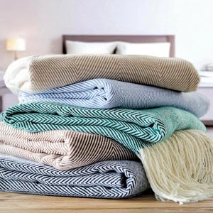 Fringed Tweed Wool Blend Throw: Woven Herringbone Blanket