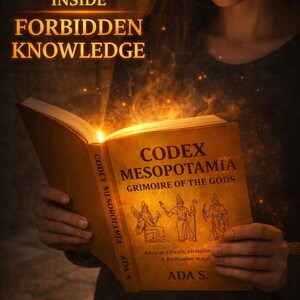 May include: A person holding a book titled "CODEX MESOPOTAMIA, Grimoire of the Gods." The book is open, emitting a bright light. The cover features illustrations and the text "Ancient rituals, almaliu & forbidden magic."