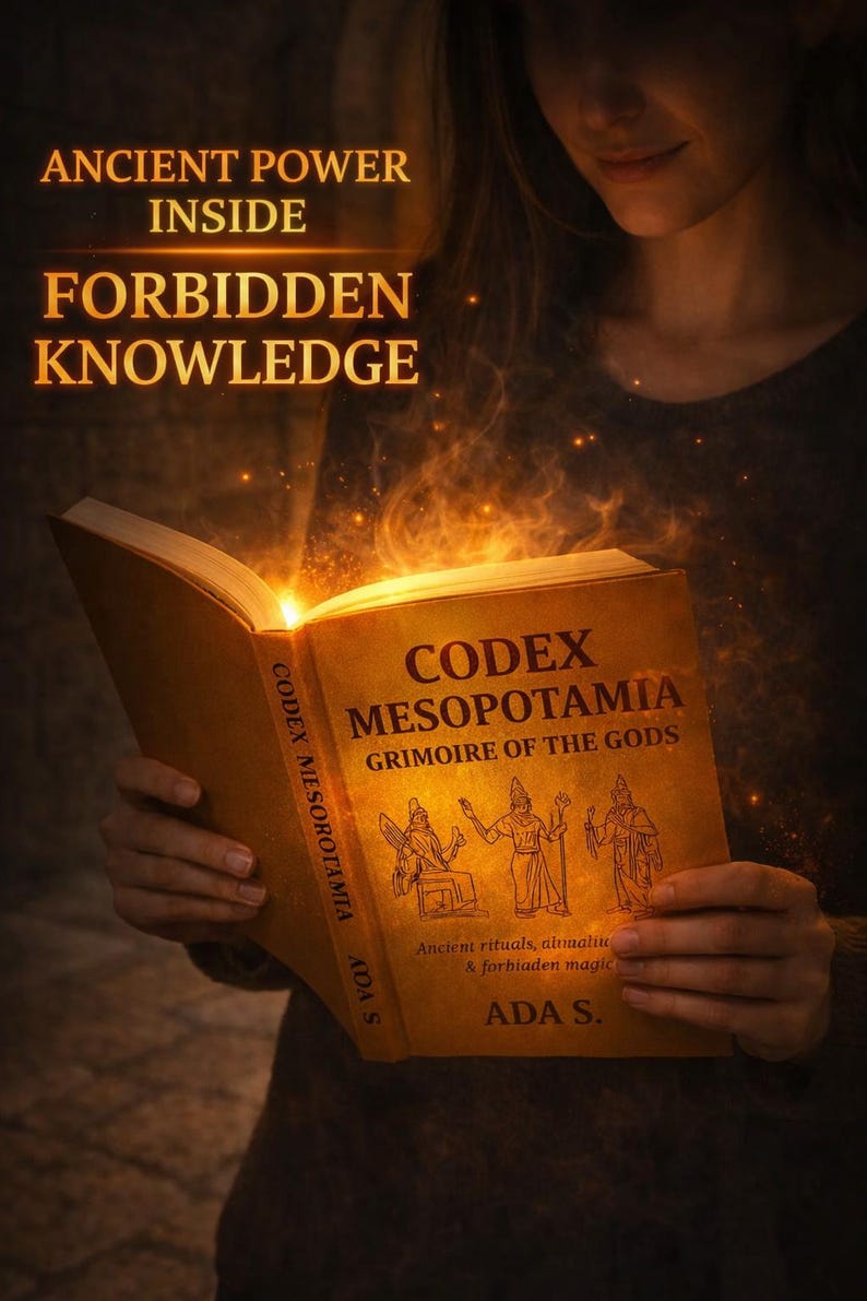 May include: A person holding a book titled "CODEX MESOPOTAMIA, Grimoire of the Gods." The book is open, emitting a bright light. The cover features illustrations and the text "Ancient rituals, almaliu & forbidden magic."