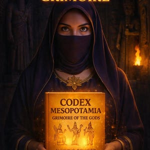 May include: A person in a dark veil holds a book titled "CODEX MESOPOTAMIA GRIMOIRE OF THE GODS." The book cover is illuminated, with text that reads "Ancient rituals, divine wisdom & forbidden magic." The title "FORBIDDEN GRIMOIRE" is at the top.