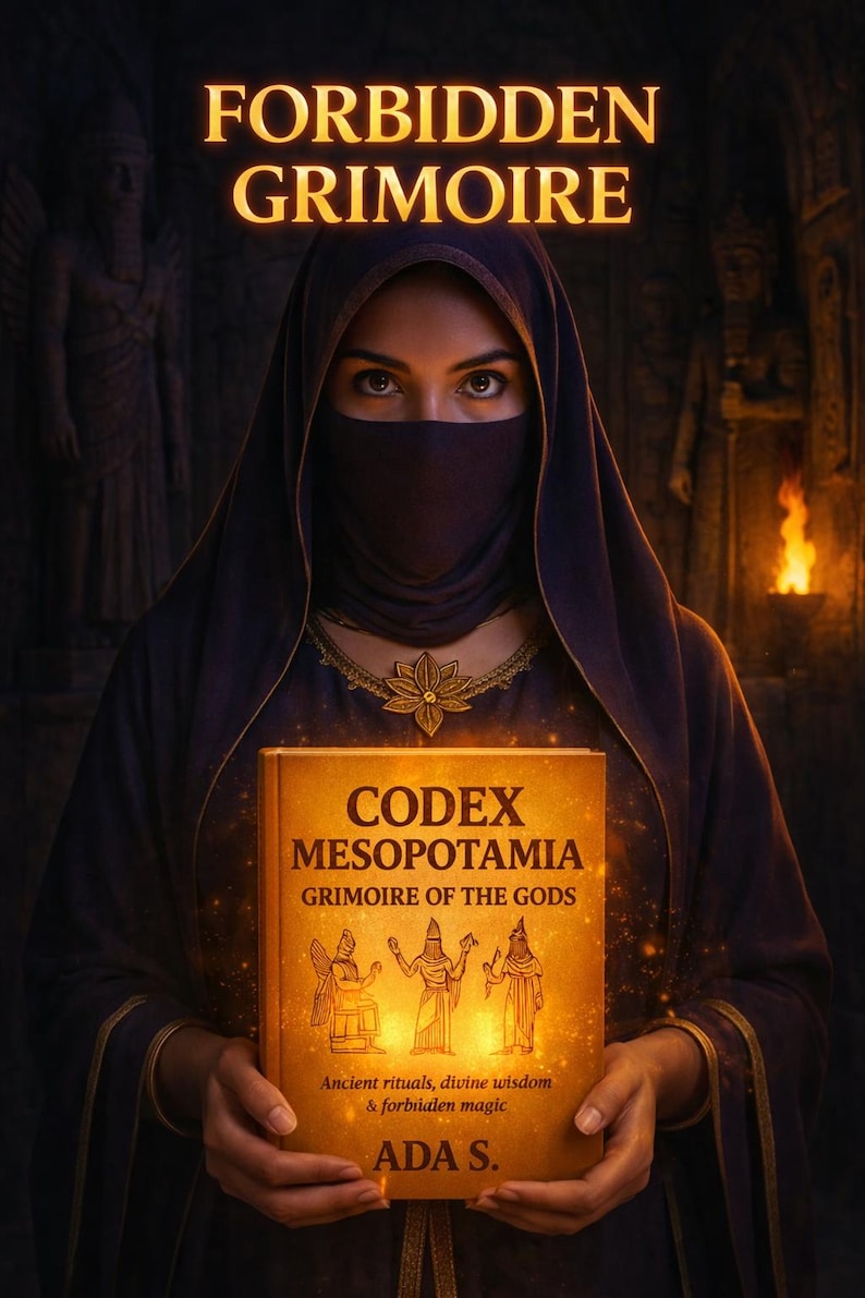 May include: A person in a dark veil holds a book titled "CODEX MESOPOTAMIA GRIMOIRE OF THE GODS." The book cover is illuminated, with text that reads "Ancient rituals, divine wisdom & forbidden magic." The title "FORBIDDEN GRIMOIRE" is at the top.