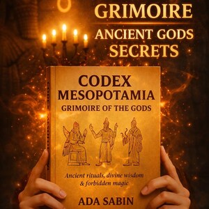 May include: A book cover with the title "8 Forbidden Grimoire Ancient Gods Secrets". The book is titled "Codex Mesopotamia Grimoire of the Gods" and features illustrations of ancient figures. The author's name is Ada Sabin.