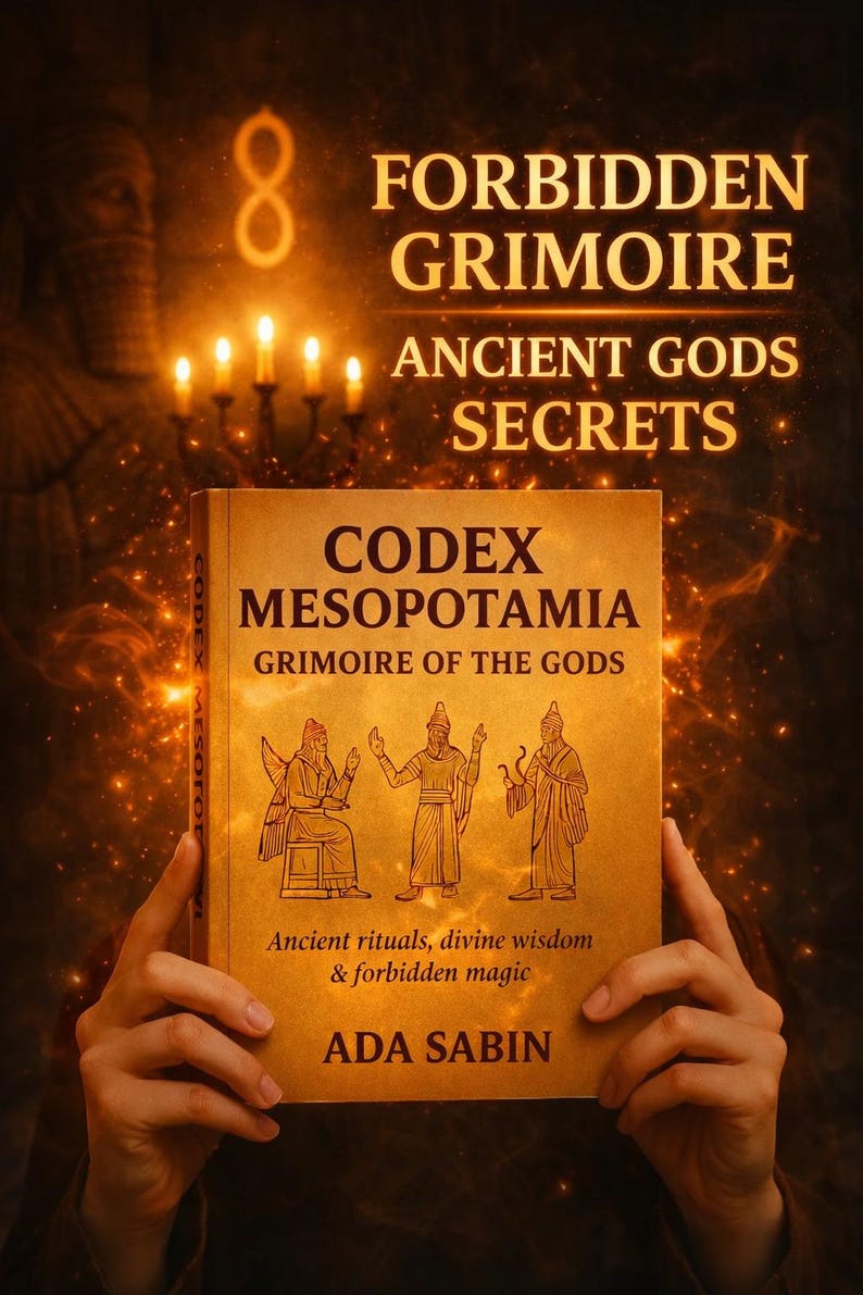 May include: A book cover with the title "8 Forbidden Grimoire Ancient Gods Secrets". The book is titled "Codex Mesopotamia Grimoire of the Gods" and features illustrations of ancient figures. The author's name is Ada Sabin.
