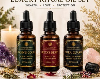 Set di oli rituali di lusso – Ricevi, Attira, Proteggi / Oli per Ricchezza, Amore e Protezione / Oro di Odino, Desiderio di Freya, Protezione dell'Aura