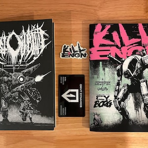May include: Two black and white comic books with a pink and white sticker on each. The comic books are titled "Kill 'Em All" and "The Mechanized Blood Crawl". The stickers say "Kill 'Em All".