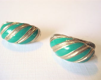 Green Clip On Earrings Gold Striped Earrings Vintage Gold Green Earrings Clip On Earrings