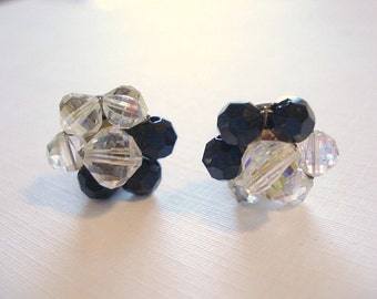 Black Crystal Bead Clip On Earrings Vintage Beaded Earrings Aurora Borealis Cluster