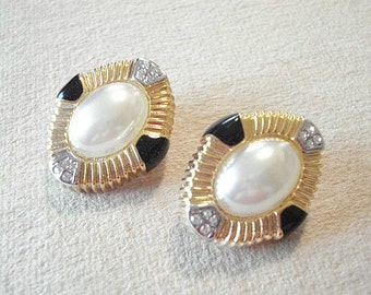 Vintage Oval Pearl Rhinestone Clip On Earrings – Gold Black Accents Bridal Jewelry