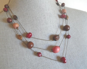 Multi-Strand Statement Necklace Red Wood & Faceted Beads Boho Chic Lane Bryant y2k
