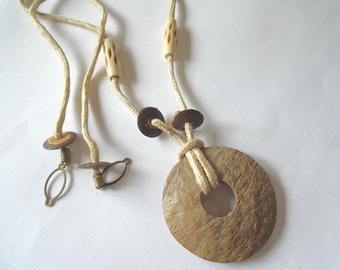 Vintage Coconut Shell Necklace on rope with Shells