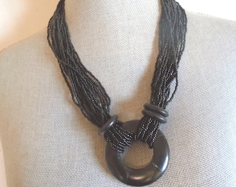 Vintage 90s Multi-Strand Black Seed Bead Statement Necklace Resin Ring Accent Retro Bold