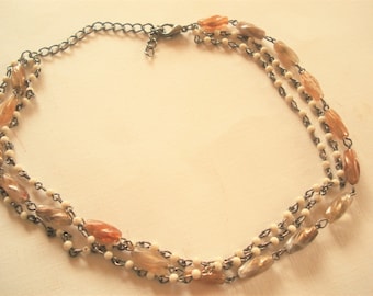 Vintage 3 Strand Choker Necklace, Seed Beads, Carmel Swirl Accent Beads, 1960s Retro Statement