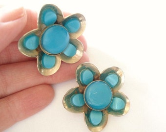 Blue  Flower Earrings Blue Silver Daisy Clip On Earrings Vintage Large Flowers Turquoise Flower Earrings Silver Clip On Earrings, Jewelry