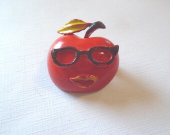 Vintage 70s Enamel Apple Figural Brooch Cat Eye Glasses Quirky Retro Pin School