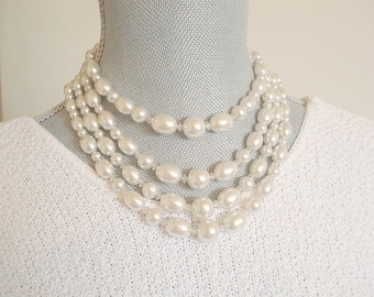 Vintage Four Strand White Pearl Necklace – Bridal Wedding Jewelry
