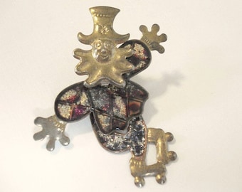 Vintage Clown Brooch Enameled Clown Pin Moveable Gold Plated Metal Clown Jewelry