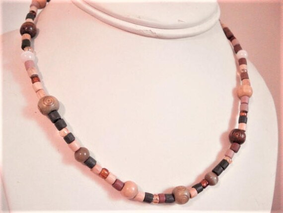 Wood Beaded Necklace Boho Necklace Unisex Necklac… - image 1