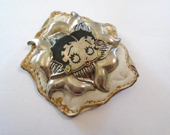 Vintage Betty Boop Belt Buckle: Enameled Portrait, Ornate Scrollwork Backing, Leather Piece