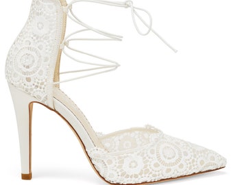 Lace Up Wedding Heels in Ivory